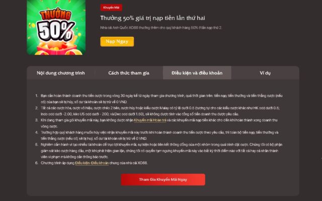 ƯU ĐÃI ĐẶC BIỆT: THƯỞNG 50% CHO NẠP TIỀN LẦN THỨ 2 TẠI XO88 Một số điều kiện và điều kiện chi tiết được áp dụng