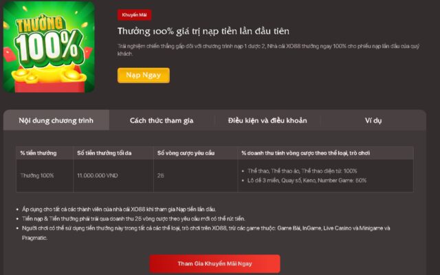 Thông tin chi tiết chương trình khuyến mãi: “Thưởng 100% giá trị nạp tiền lần đầu tiên”